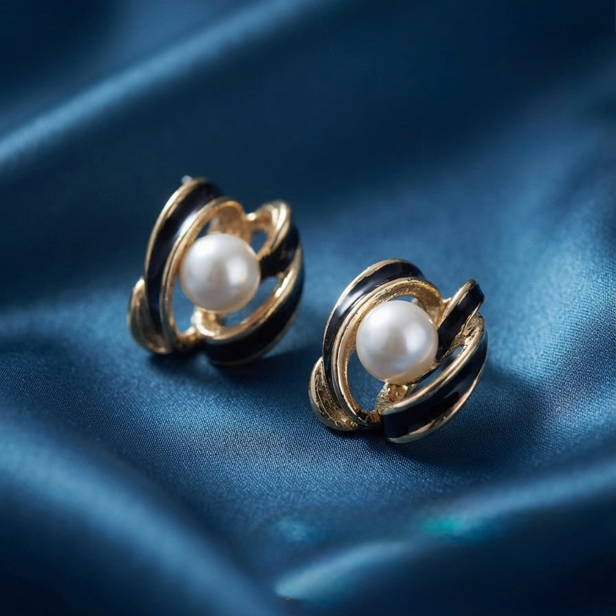 Pearl & Black Enamel Knot Stud Earrings