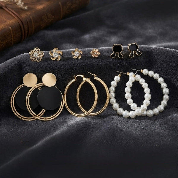 6-Pair Fashion Earrings Set – Minimalist Stud, Hoop & Pearl Earrings Collection for Women