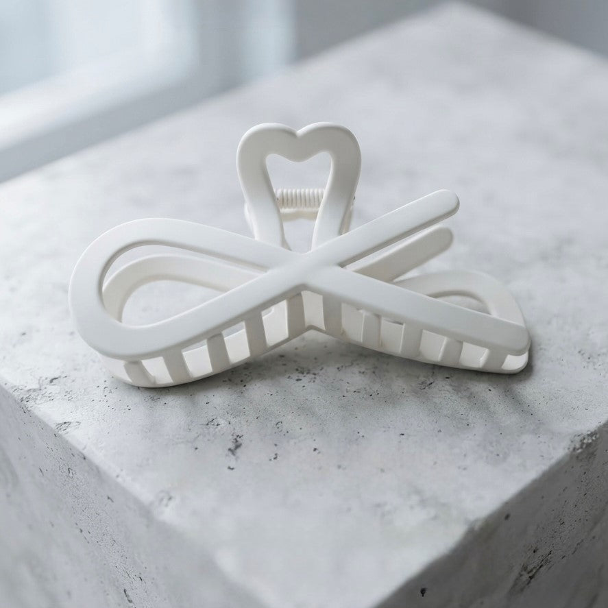 Minimalist White Heart Bow Hair Claw Clip – Elegant Matte Hair Clip for Women & Girls
