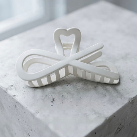 Minimalist White Heart Bow Hair Claw Clip – Elegant Matte Hair Clip for Women & Girls