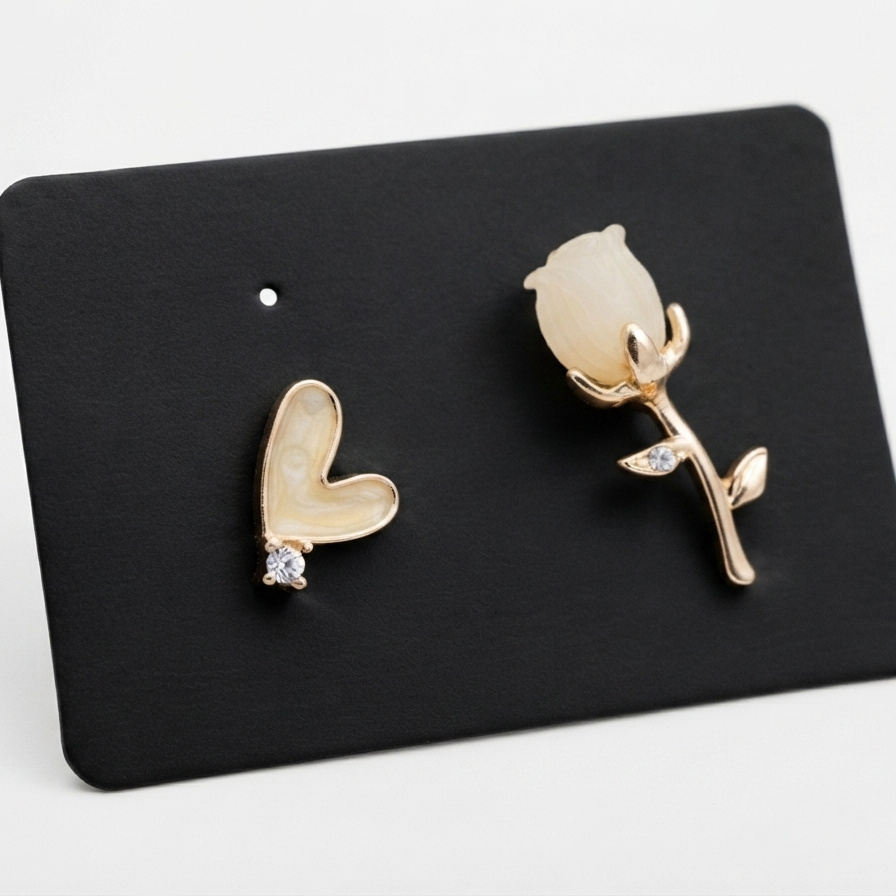 Golden Heart & Rose Asymmetrical Stud Earrings