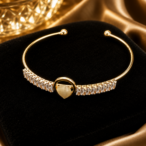 Elegant Gold-Plated Crystal & Cat's Eye Stone Open Cuff Bracelet