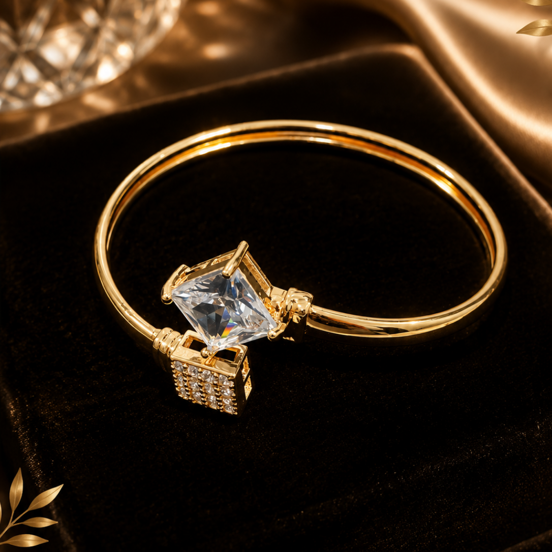Luxury Gold-Plated Geometric Crystal Open Cuff Bracelet