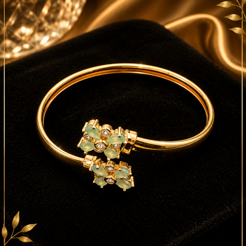 Elegant Floral Gold-Plated Open Cuff Bracelet with Green Crystal Accents