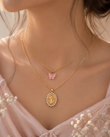 Blush Grace Layered Butterfly & Crystal Pendant Necklace Set