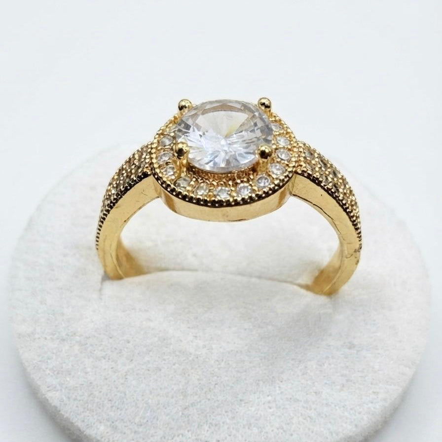 Classic Gold-Plated Round Halo Engagement Ring with Pavé Band