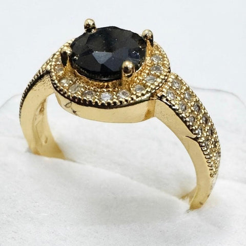 Vintage-Inspired Gold Halo Ring with Round Black Centerpiece