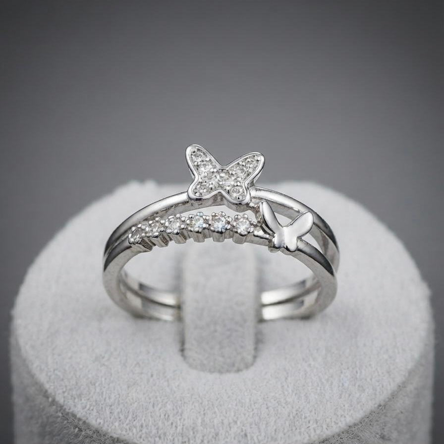 Elegant Sterling Silver Layered Butterfly Ring with Clear Accents