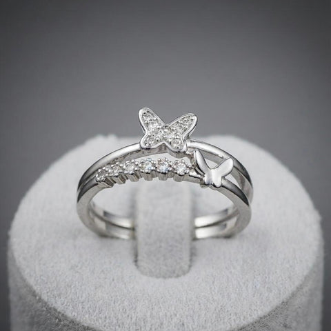 Elegant Sterling Silver Layered Butterfly Ring with Clear Accents