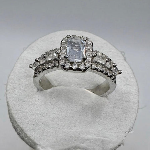 Vintage Emerald-Cut Silver Halo Engagement Ring with Marquise Accent Band