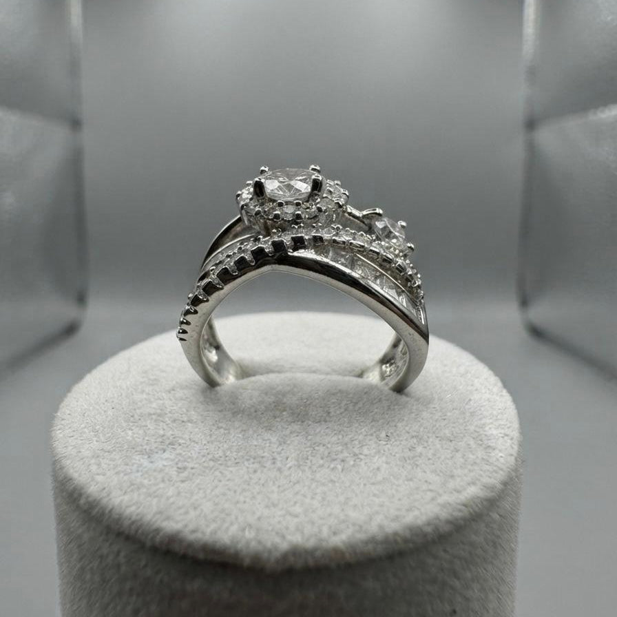 Luxury Silver Criss-Cross Halo Statement Ring with Multi-Row Accents