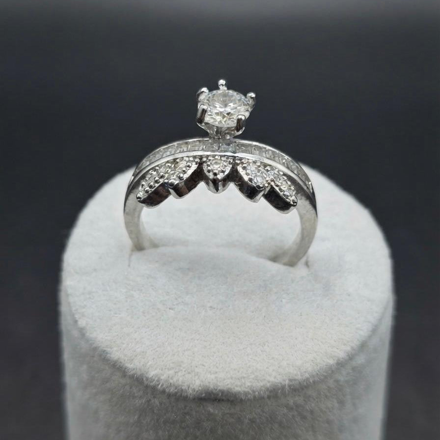 Silver Vintage Crown Solitaire Engagement Ring with Tiara Band Accent