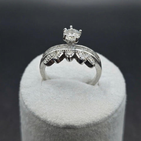Silver Vintage Crown Solitaire Engagement Ring with Tiara Band Accent