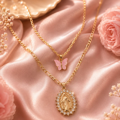 Blush Grace Layered Butterfly & Crystal Pendant Necklace Set
