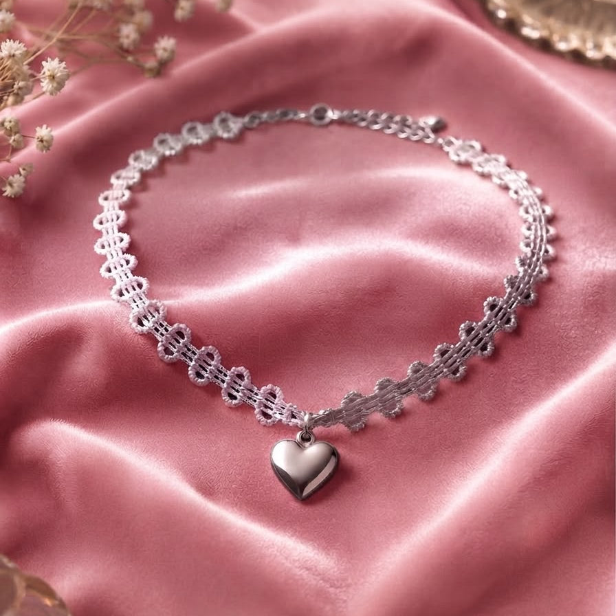 Silver Heart Charm Lace Choker Necklace