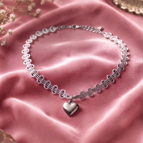 Silver Heart Charm Lace Choker Necklace