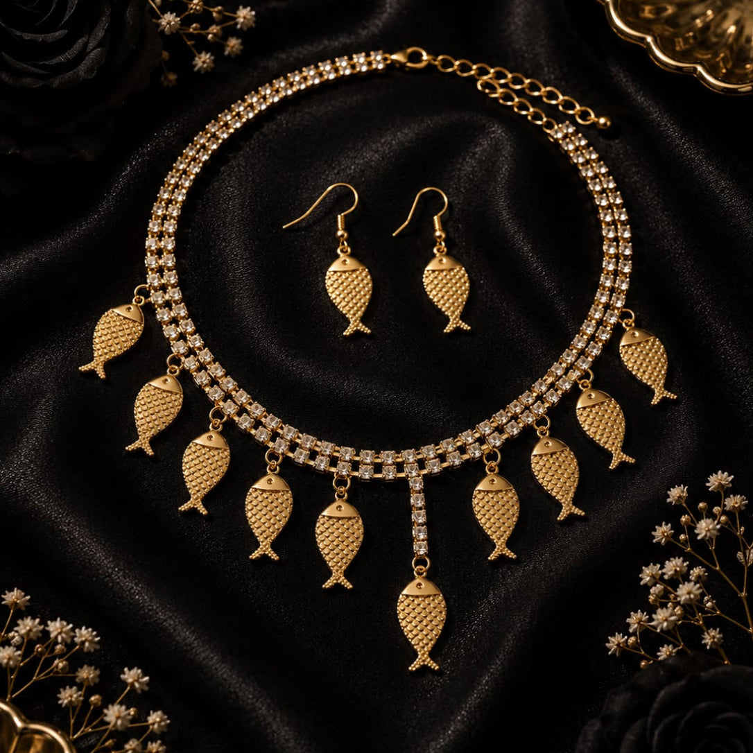 Golden Crystal Fish Charm Necklace & Earrings Set