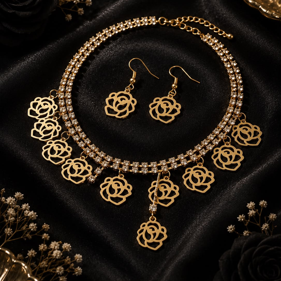 Golden Bloom Rose Crystal Necklace & Earrings Set