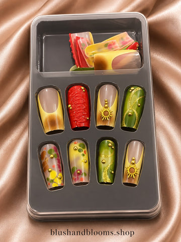 Luxury Handmade Resin Nail Tips – Floral & Gold Art Collection