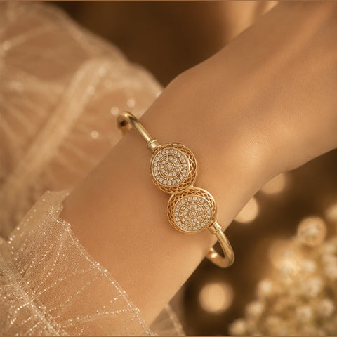 Luxe Dual Halo Gold-Plated Open Bangle Bracelet