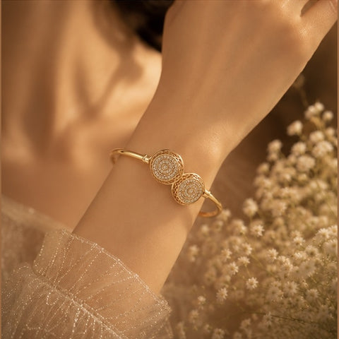 Luxe Dual Halo Gold-Plated Open Bangle Bracelet