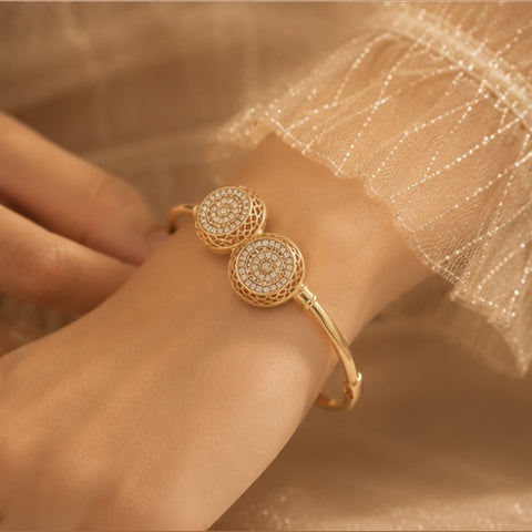 Luxe Dual Halo Gold-Plated Open Bangle Bracelet