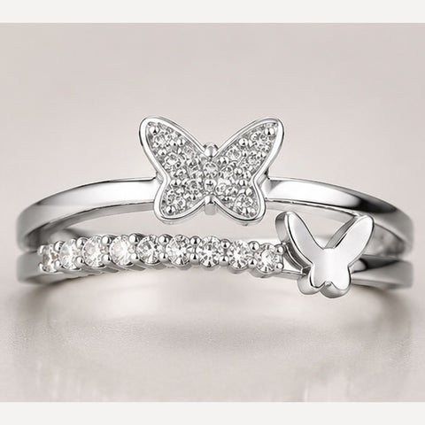 Elegant Sterling Silver Layered Butterfly Ring with Clear Accents