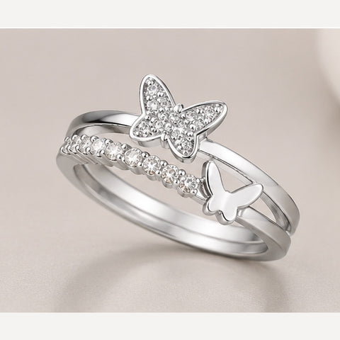 Elegant Sterling Silver Layered Butterfly Ring with Clear Accents