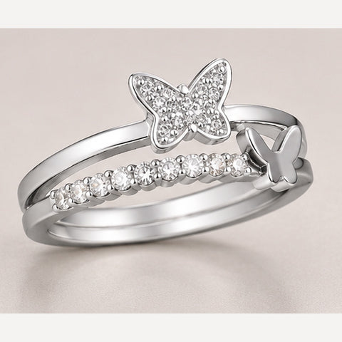 Elegant Sterling Silver Layered Butterfly Ring with Clear Accents