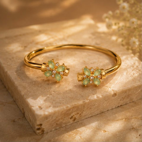 Elegant Floral Gold-Plated Open Cuff Bracelet with Green Crystal Accents