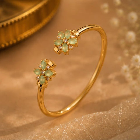 Elegant Floral Gold-Plated Open Cuff Bracelet with Green Crystal Accents