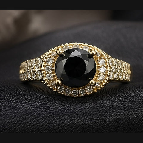 Vintage-Inspired Gold Halo Ring with Round Black Centerpiece