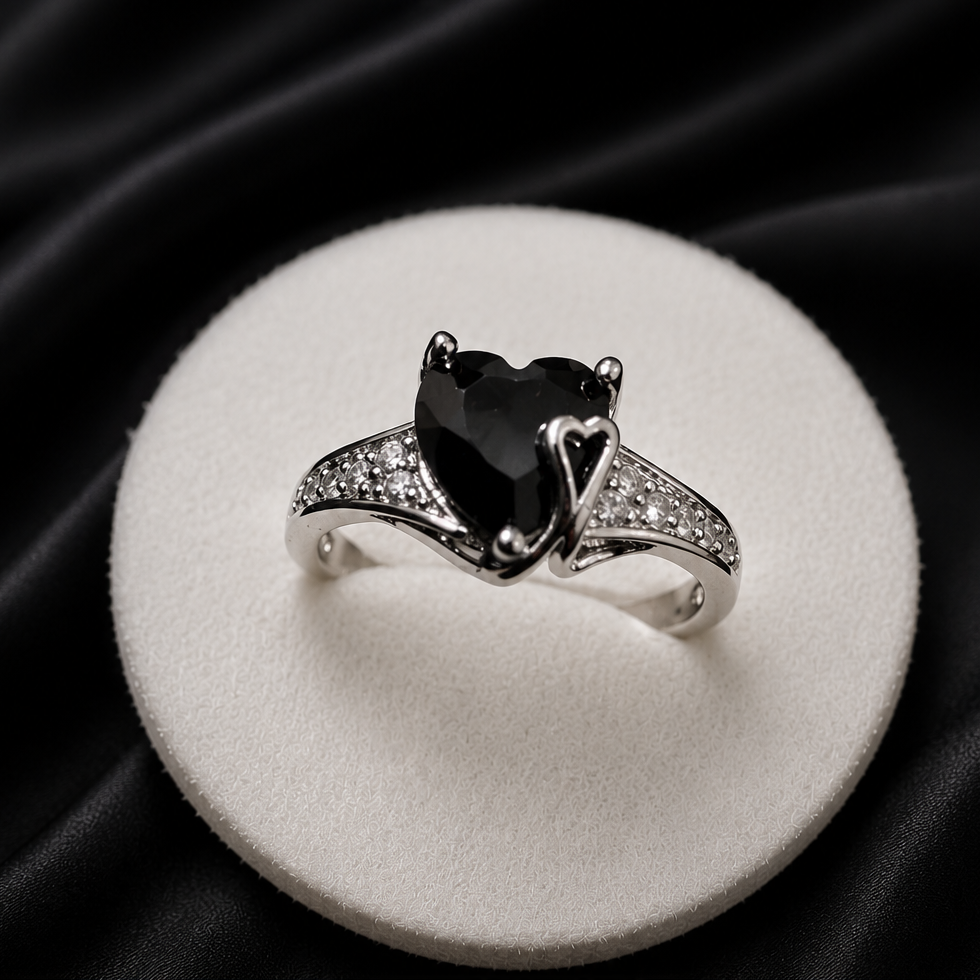 Midnight Heart Black Crystal Ring – Elegant Silver-Tone Promise Ring