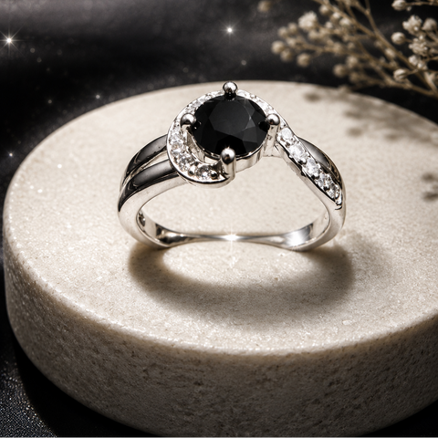 Noir Eclipse Black Crystal Ring – Elegant Silver-Tone Statement Ring